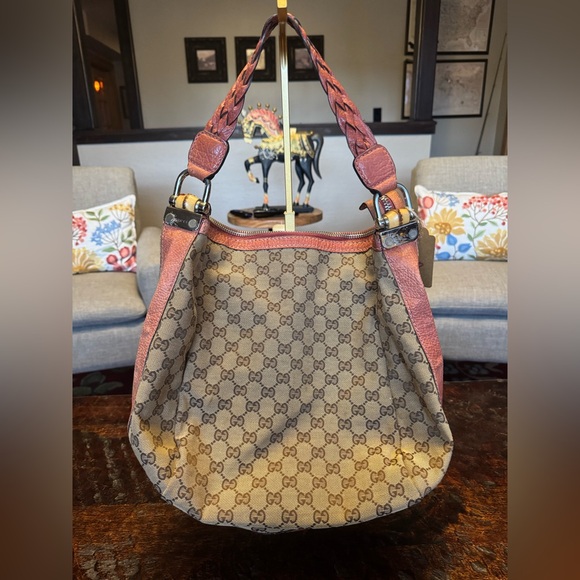 Gucci Bamboo Beige and Rust Monogram Canvas Hobo with COA - Picture 1 of 15